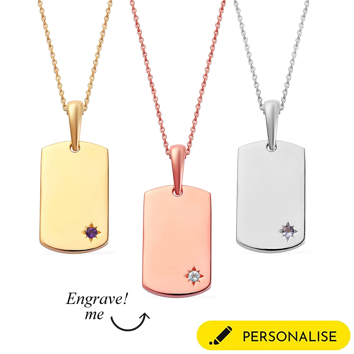 Personalised Engraved Birthstone Dog Tag Necklace in Silver