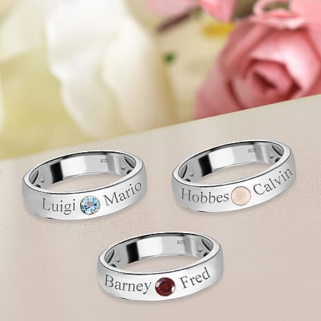 Personalised Engravable Platinum Overlay Birthstone Band Ring in Silver