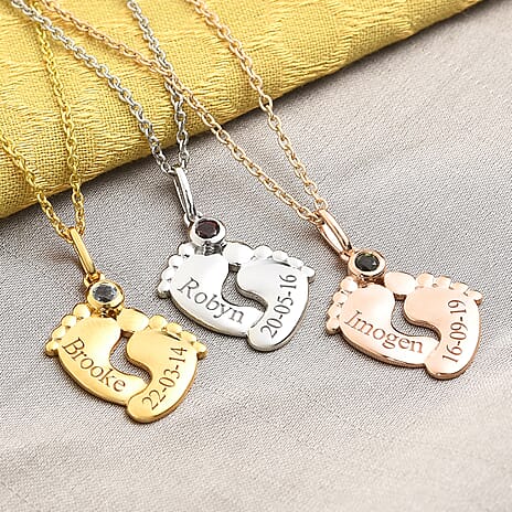 Personalised Engraved Baby Feet Necklace with Birthstone in Silver