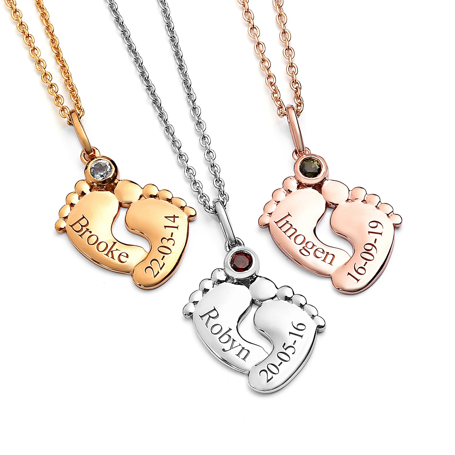 Personalised Engraved Baby Feet Necklace with Birthstone in Silver