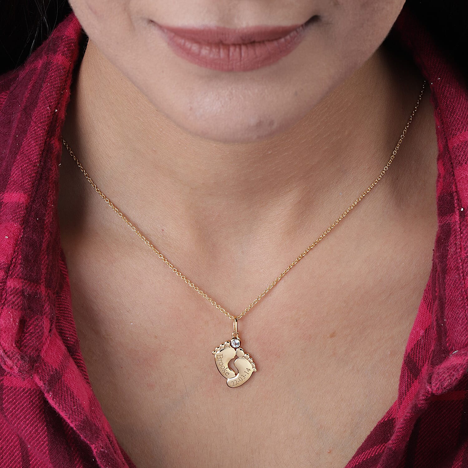 Personalised Engraved Baby Feet Necklace with Birthstone in Silver