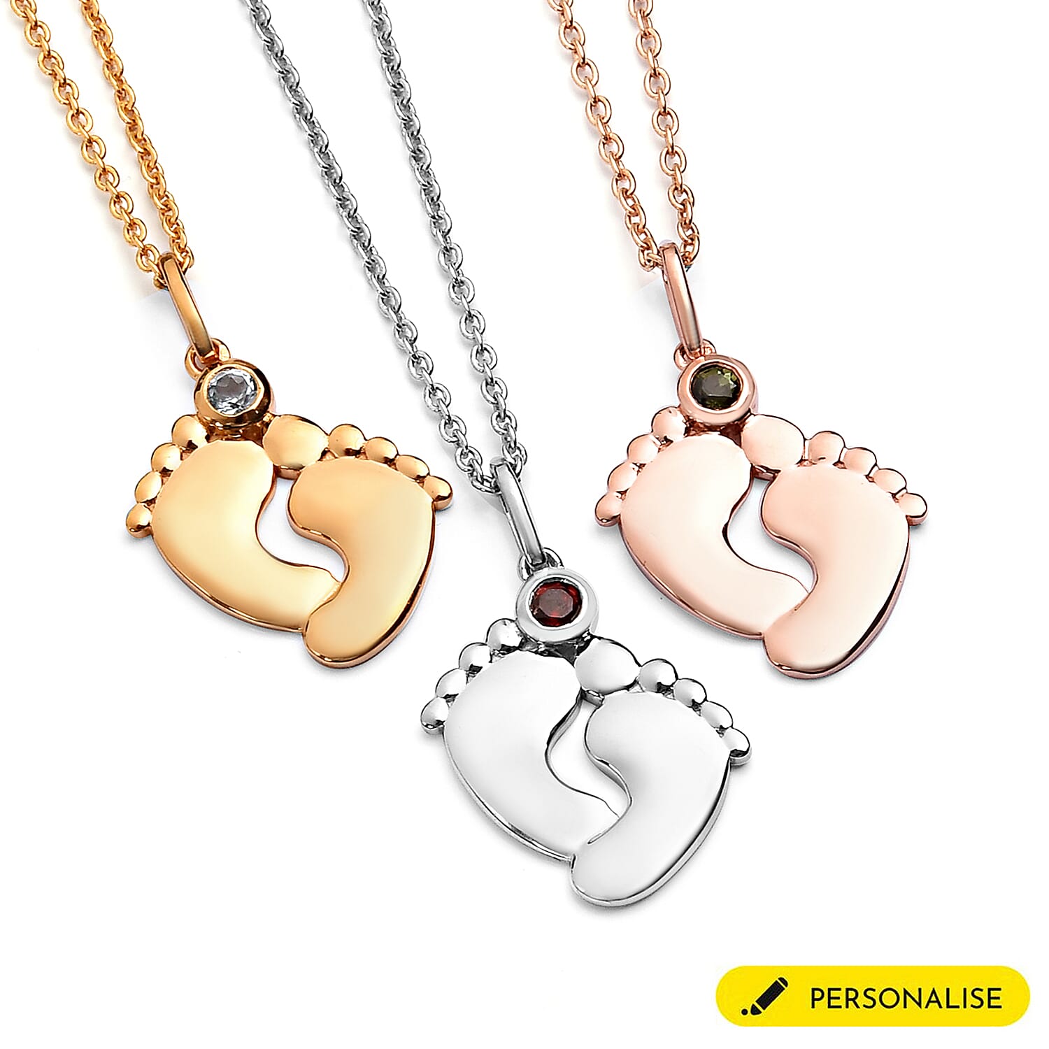 Personalised Engraved Baby Feet Necklace with Birthstone in Silver