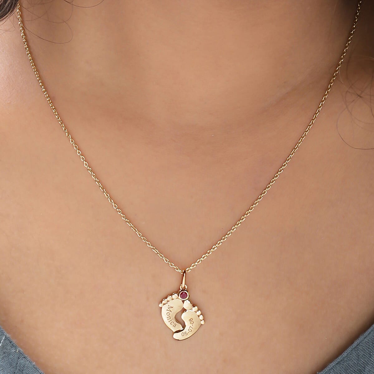 Personalised Engraved Baby Feet Necklace with Birthstone in Silver