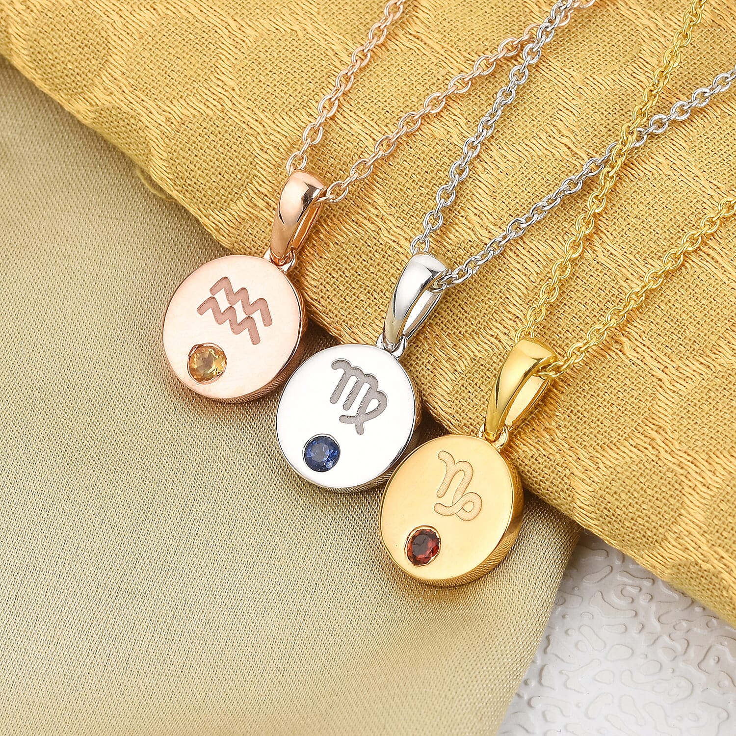 Personalised Engraved Mini Disc Zodiac Birthstone Necklace with Chain in Silver, Size 18 Inch