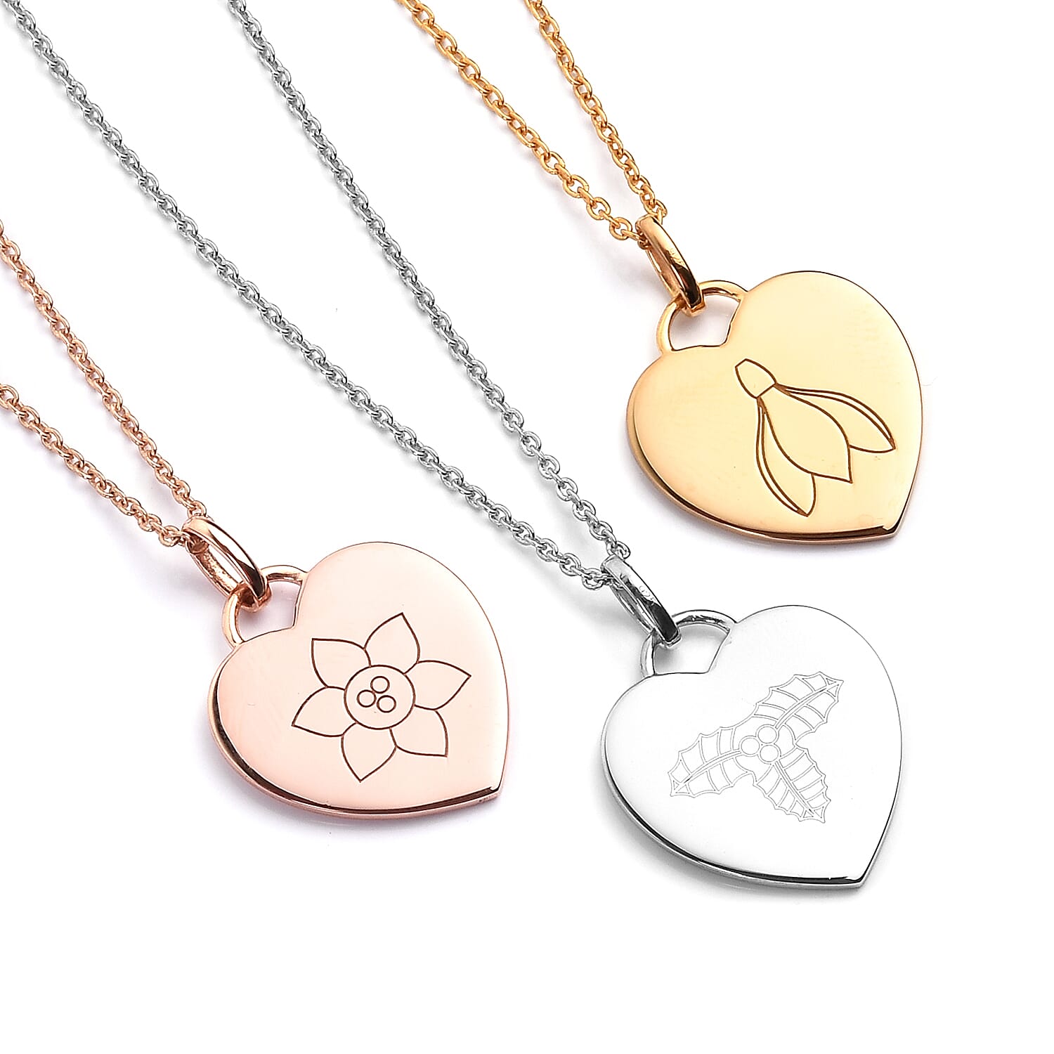 Personalised Engraved Name and Birthflower Heart Pendant with Chain in Silver, Size 18"