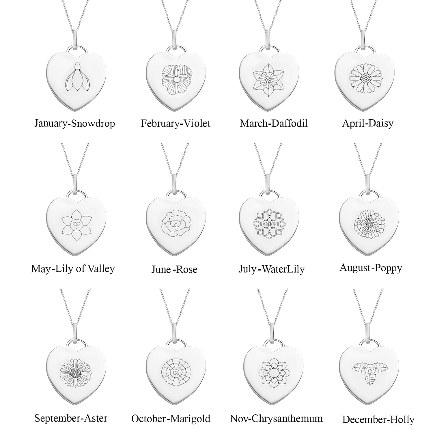 Personalised Engraved Name and Birthflower Heart Pendant with Chain in Silver, Size 18"