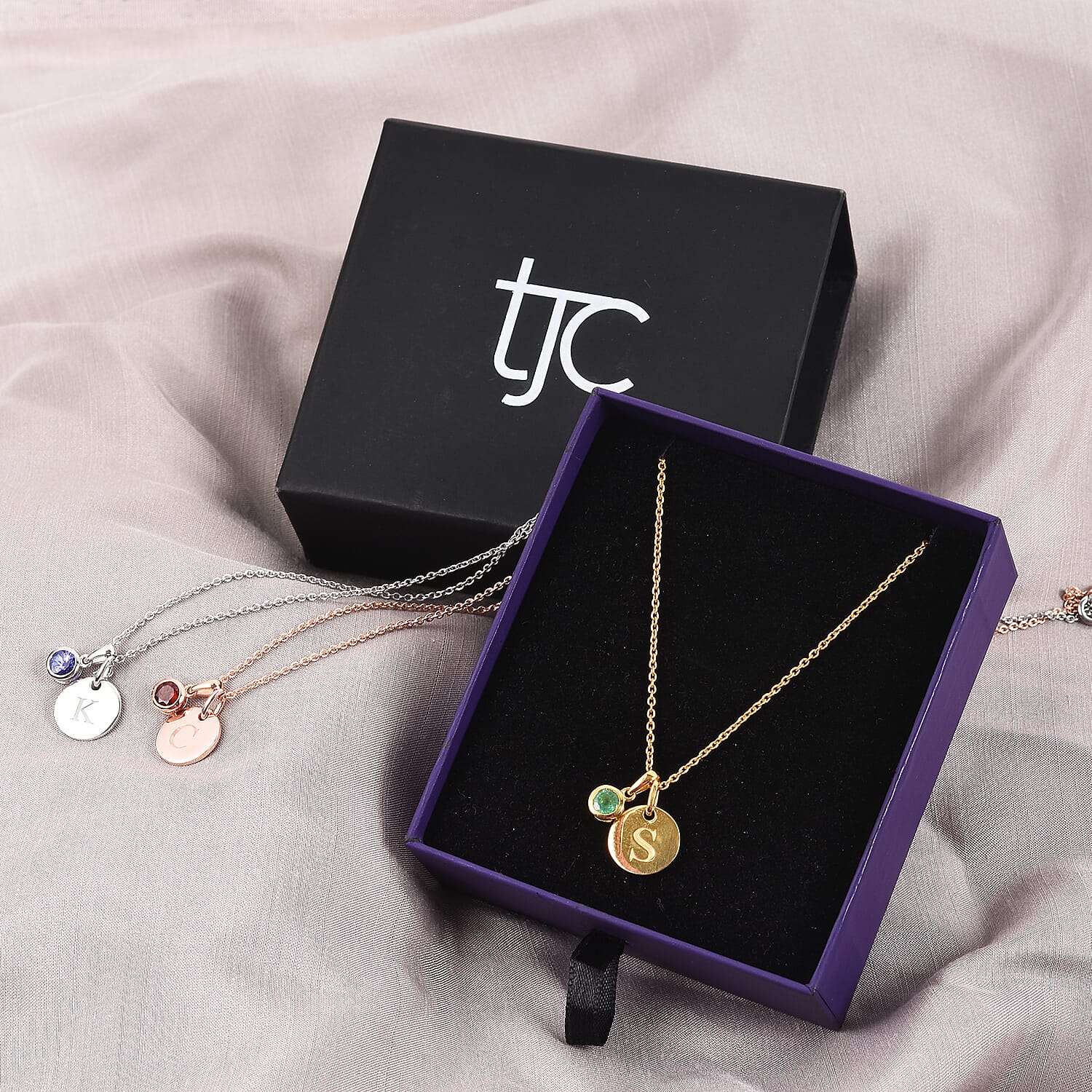 Personalised Engraved Birthstone and Initial Disc with 20Inch Chain in Silver