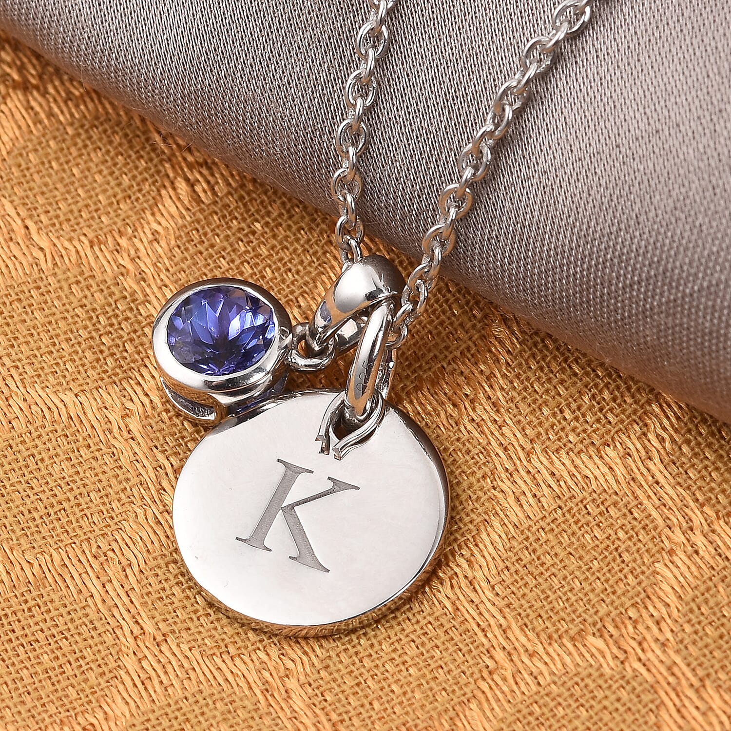 Personalised Engraved Birthstone and Initial Disc with 20Inch Chain in Silver