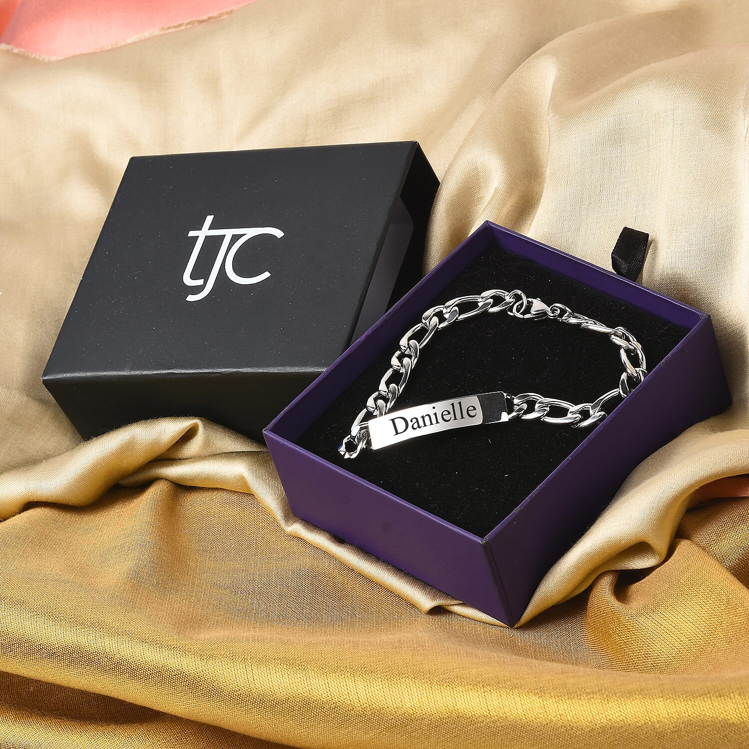 Personalised Engraved Mens ID Figaro Chain Bracelet Size 7Inch