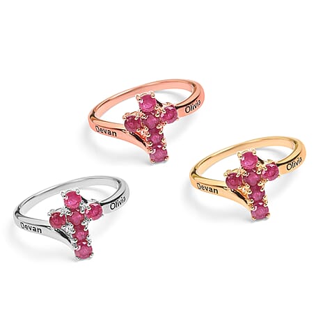 Personalised Engraved Ruby Cross Ring in Silver