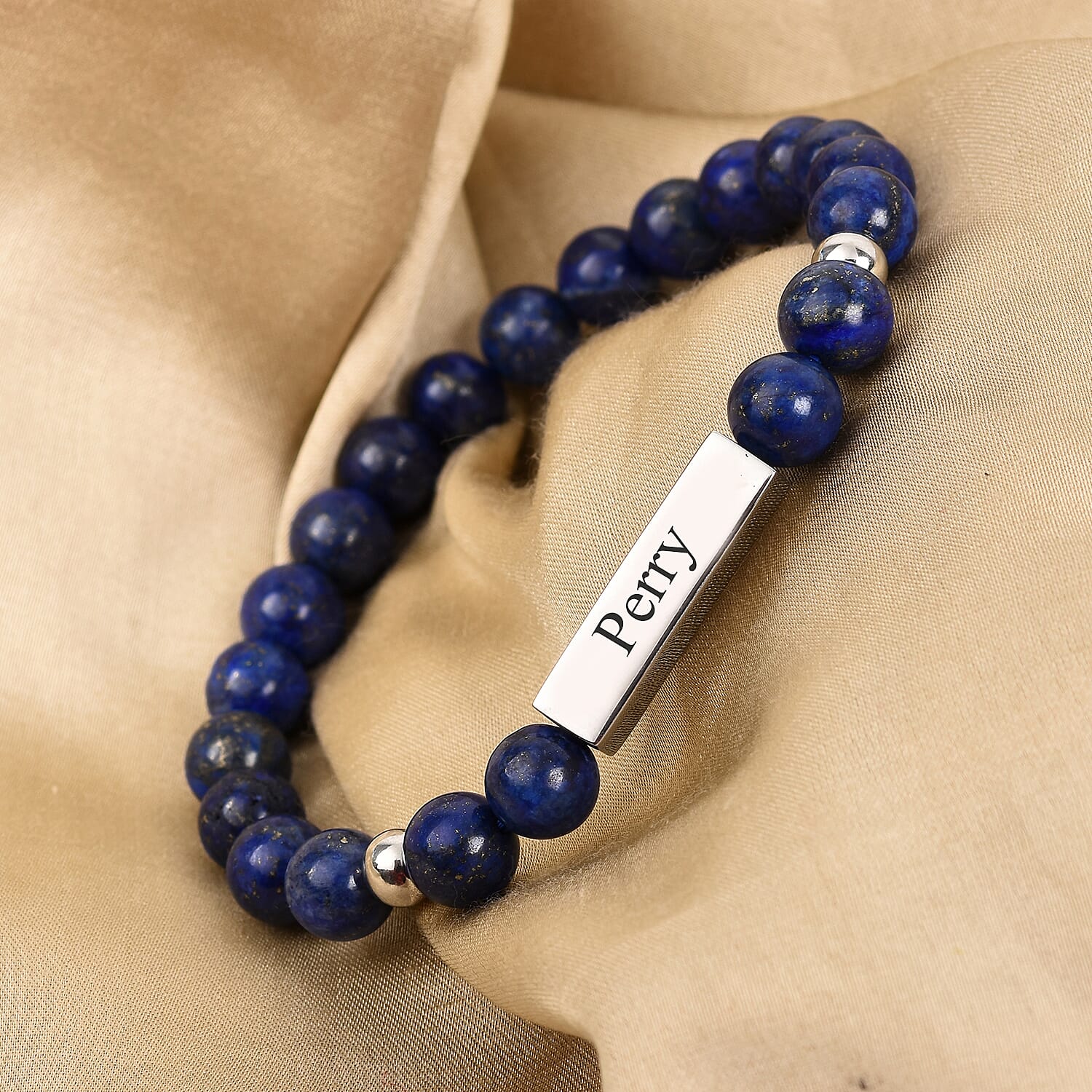 Personalised Engravable Bar Lapis Beads Bracelet Size 7-7.5Inch