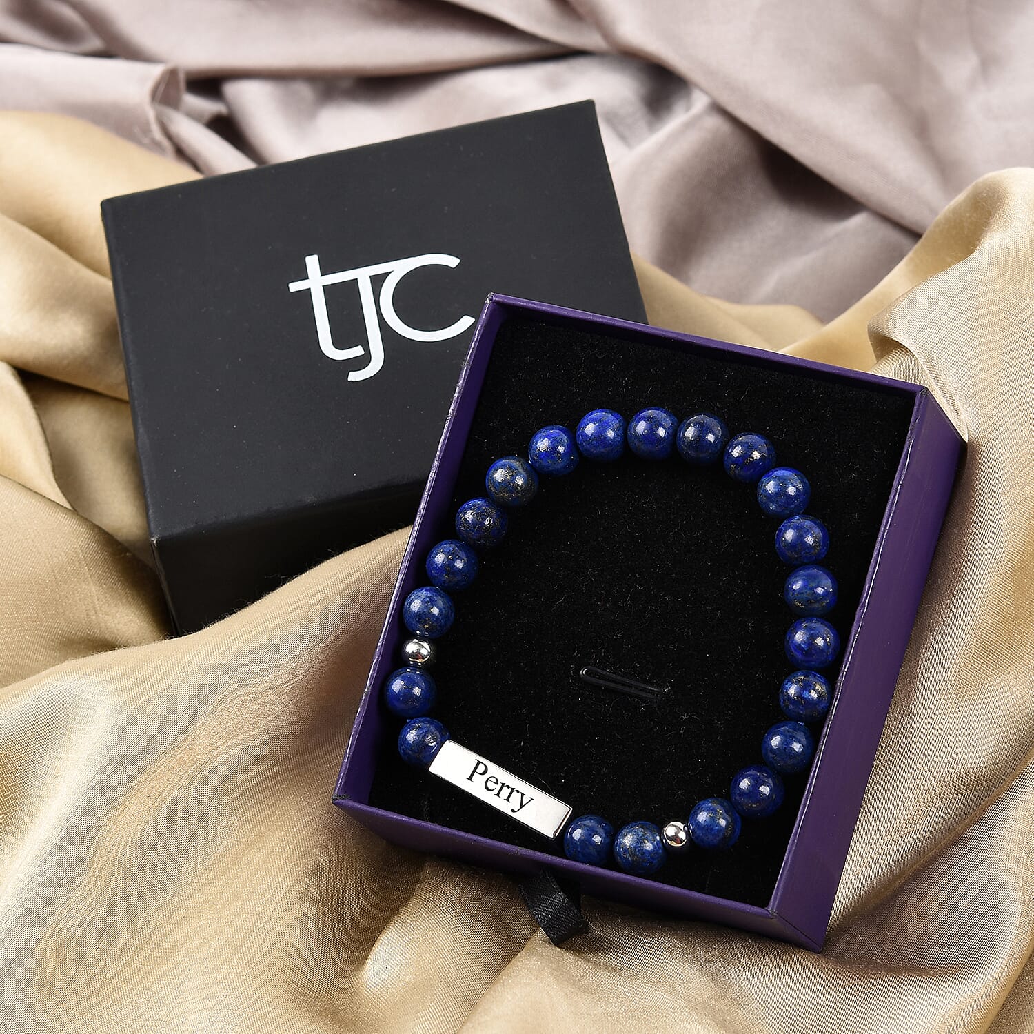 Personalised Engravable Bar Lapis Beads Bracelet Size 7-7.5Inch