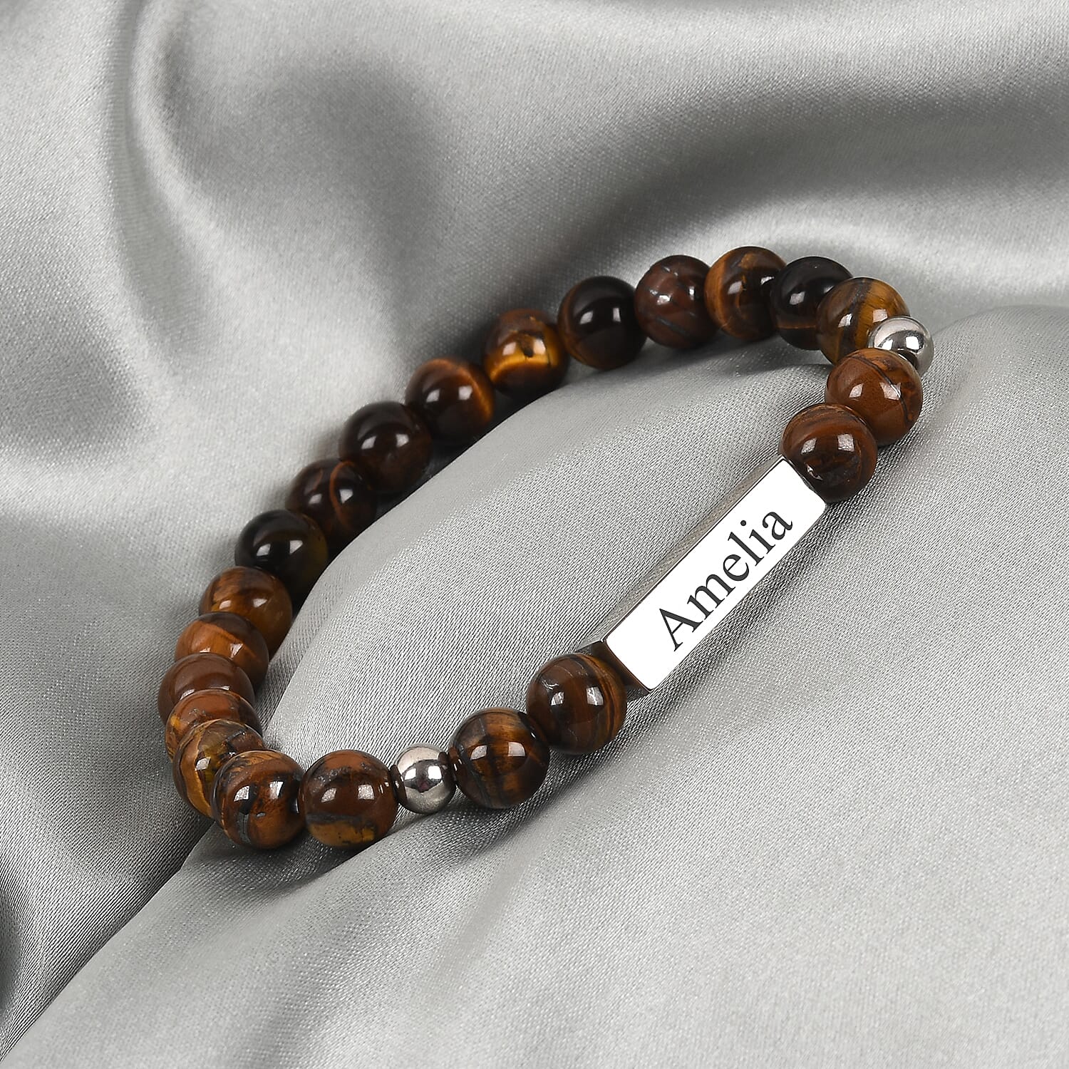 Personalised Engravable Bar Tiger Eye Beads Bracelet Size 7-7.5Inch