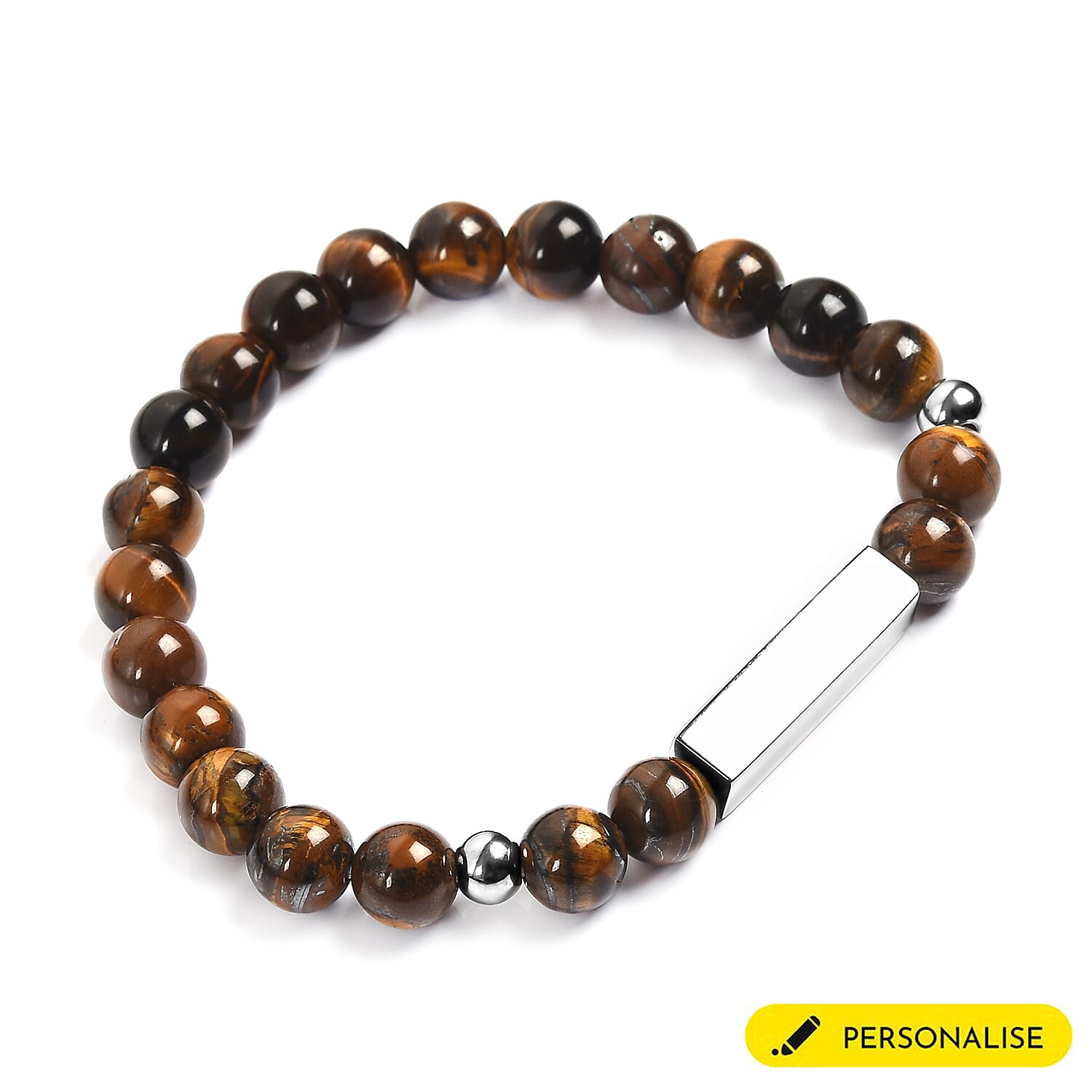 Personalised Engravable Bar Tiger Eye Beads Bracelet Size 7-7.5Inch