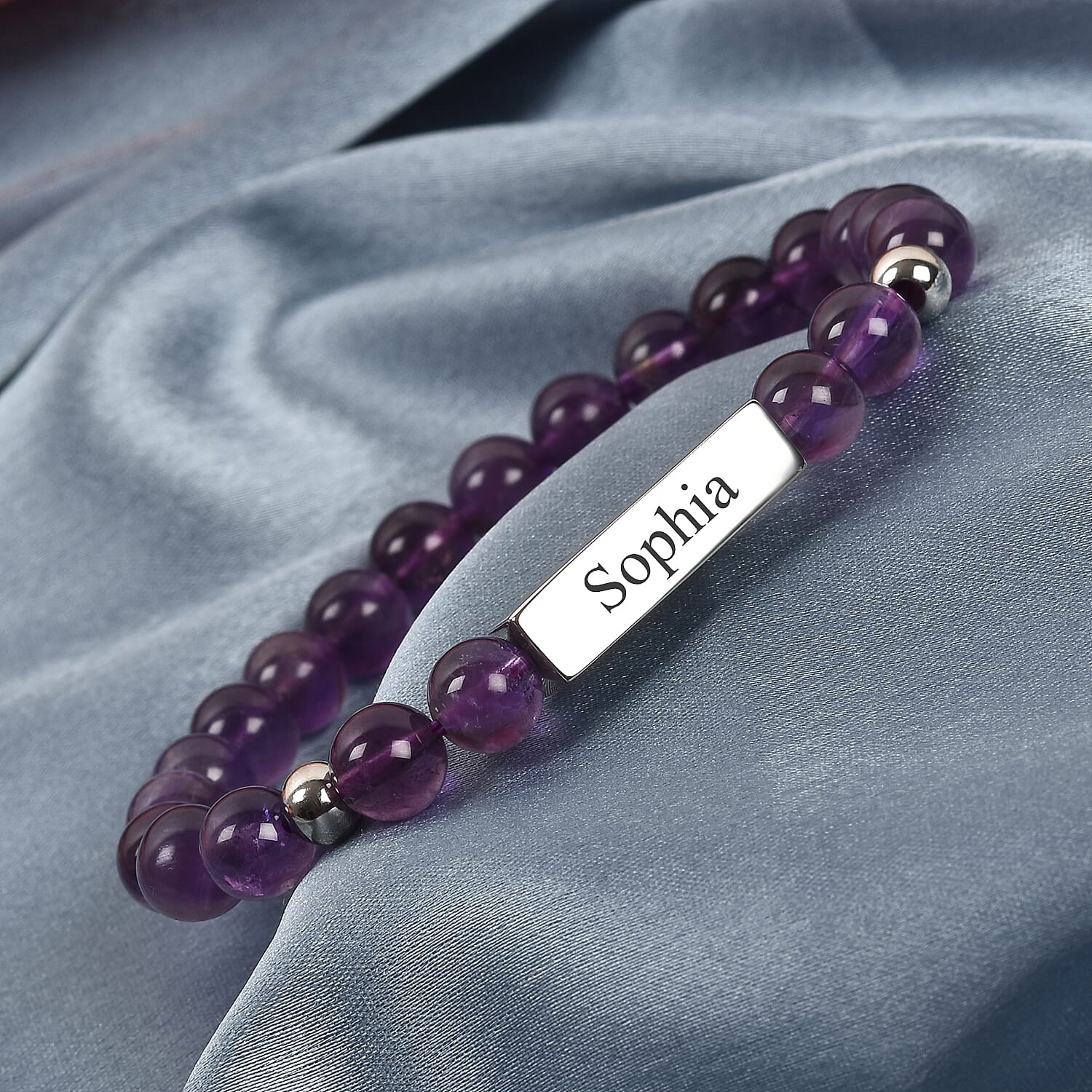 Personalised Engravable Bar Amethyst Beads Bracelet Size 7-7.5Inch