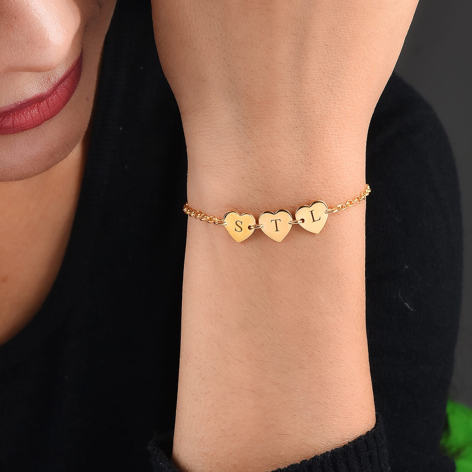 Personalised Engravable Initial Multi Heart Disc Bracelet Size 7.5Inch