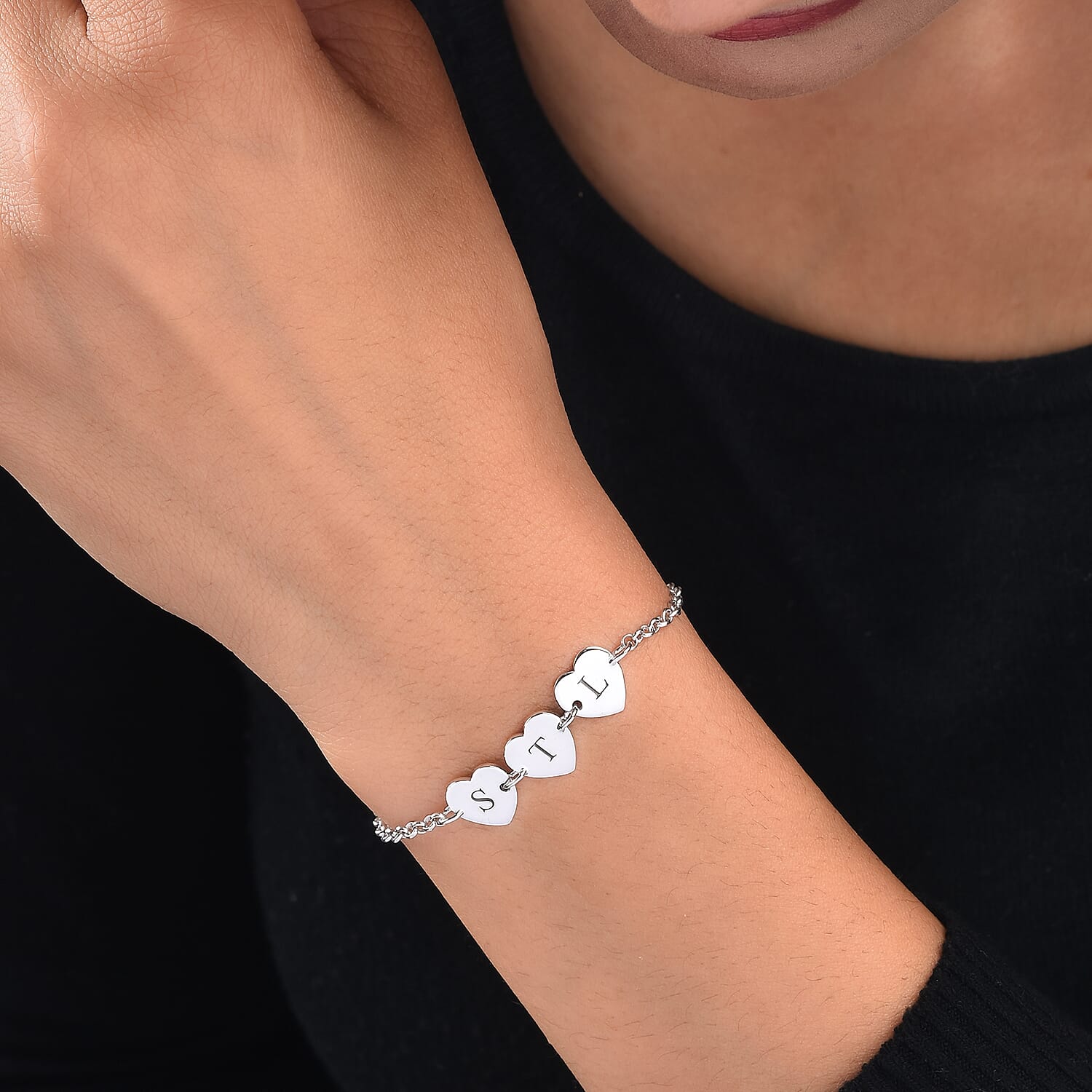 Personalised Engravable Initial Multi Heart Disc Bracelet Size 7.5Inch