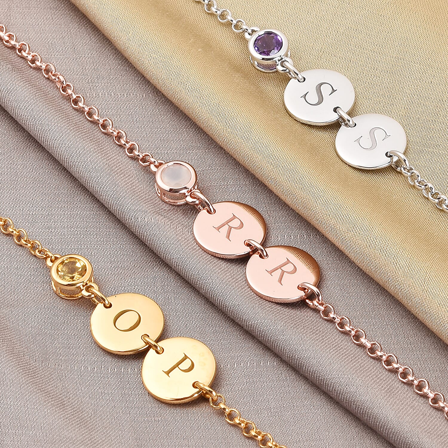 Personalised Engravable Initial Double Disc and Birthstone Bracelet