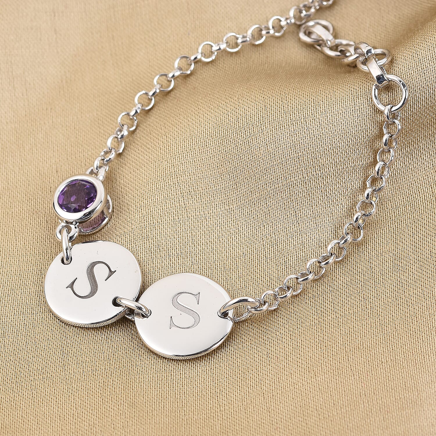 Personalised Engravable Initial Double Disc and Birthstone Bracelet