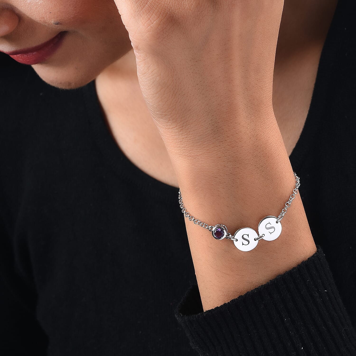 Personalised Engravable Initial Double Disc and Birthstone Bracelet