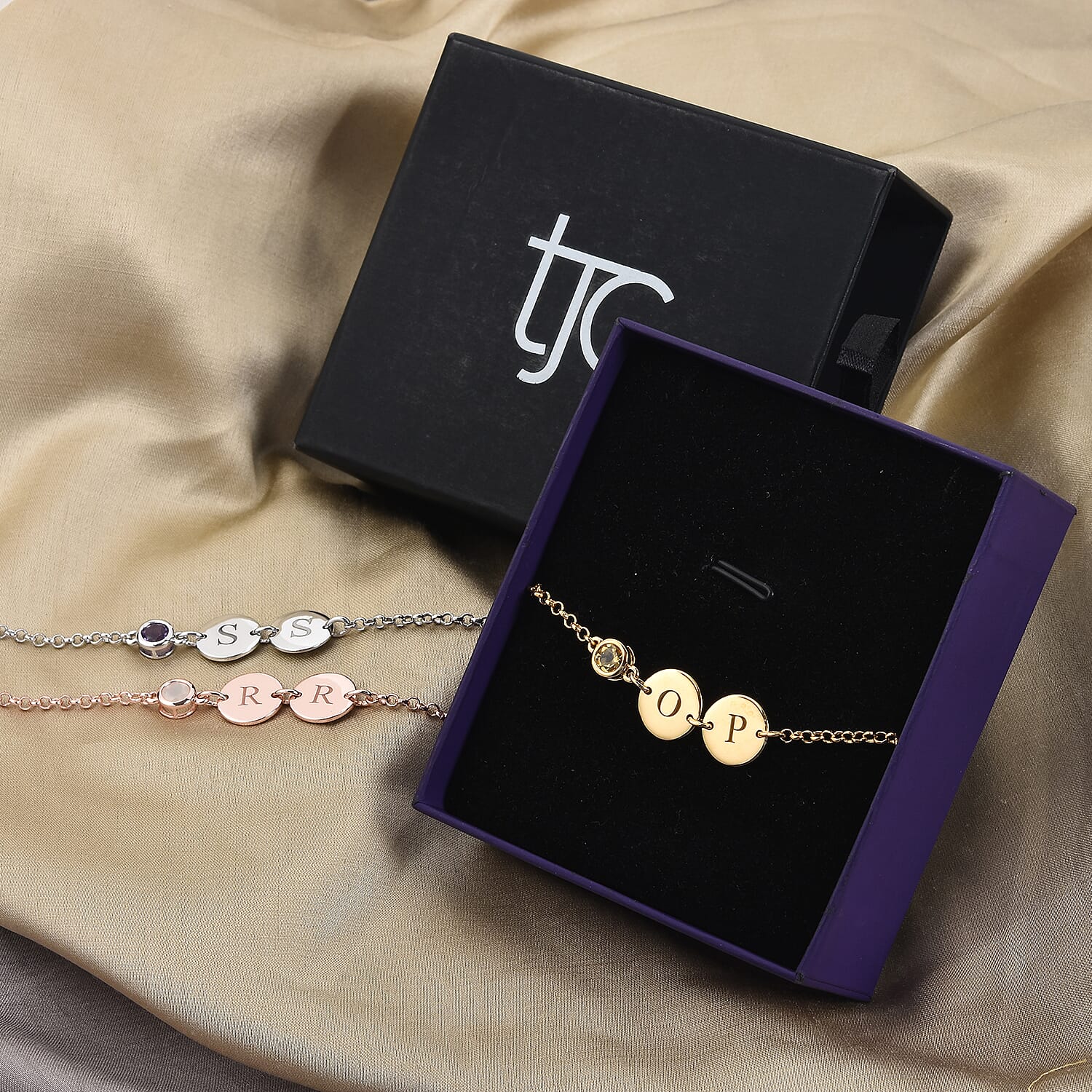 Personalised Engravable Initial Double Disc and Birthstone Bracelet