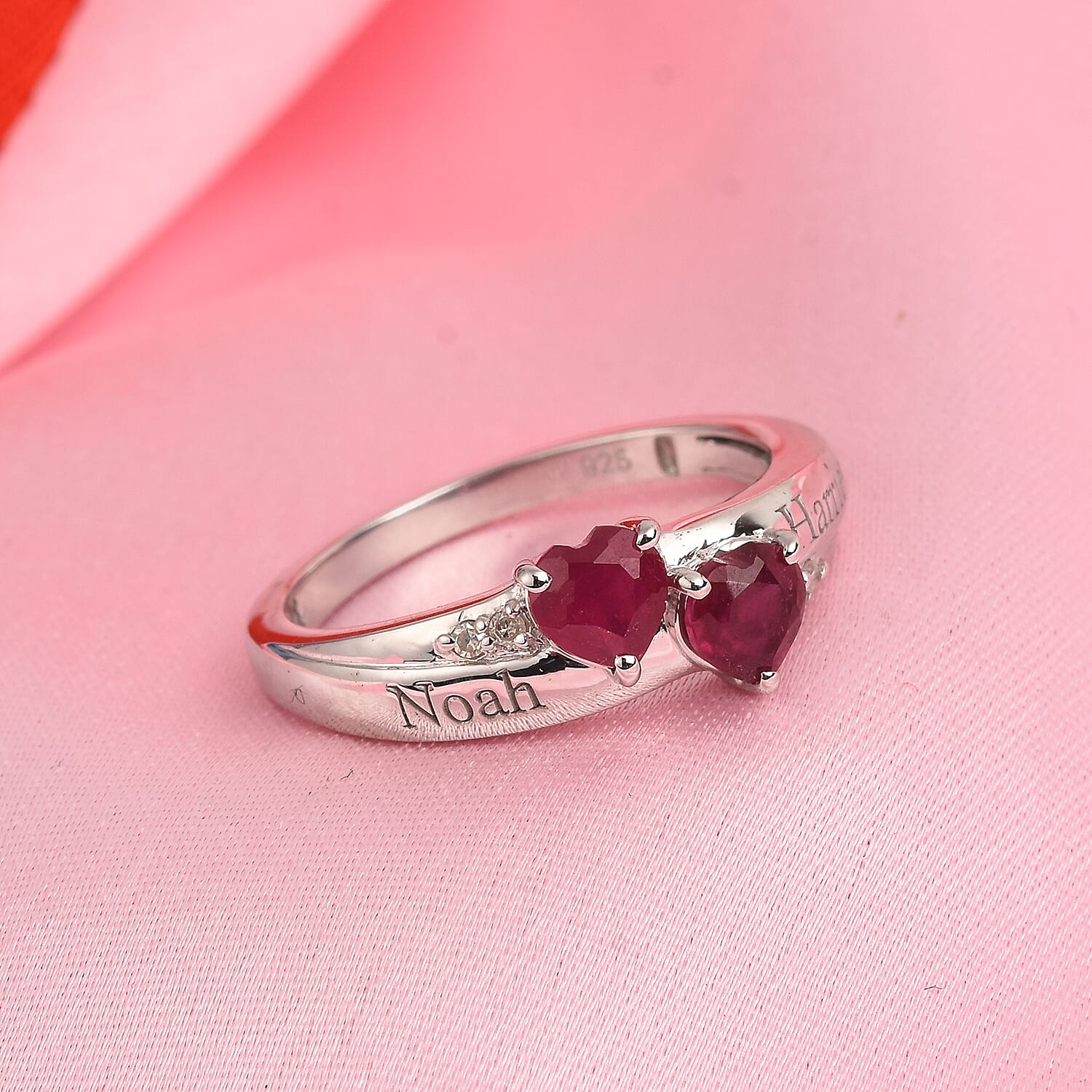 Personalised Engravable Double Heart Ruby Ring in Silver