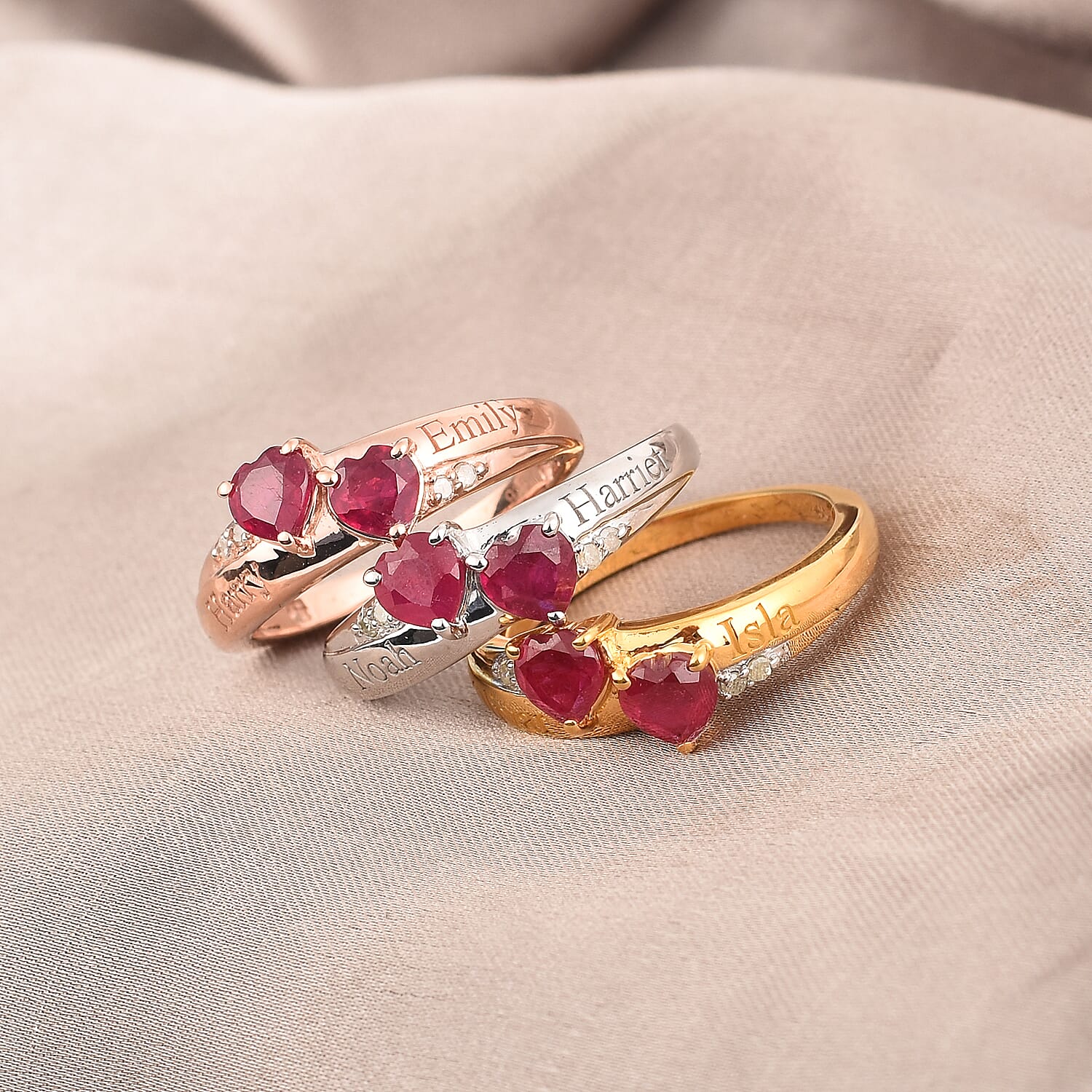 Personalised Engravable Double Heart Ruby Ring in Silver