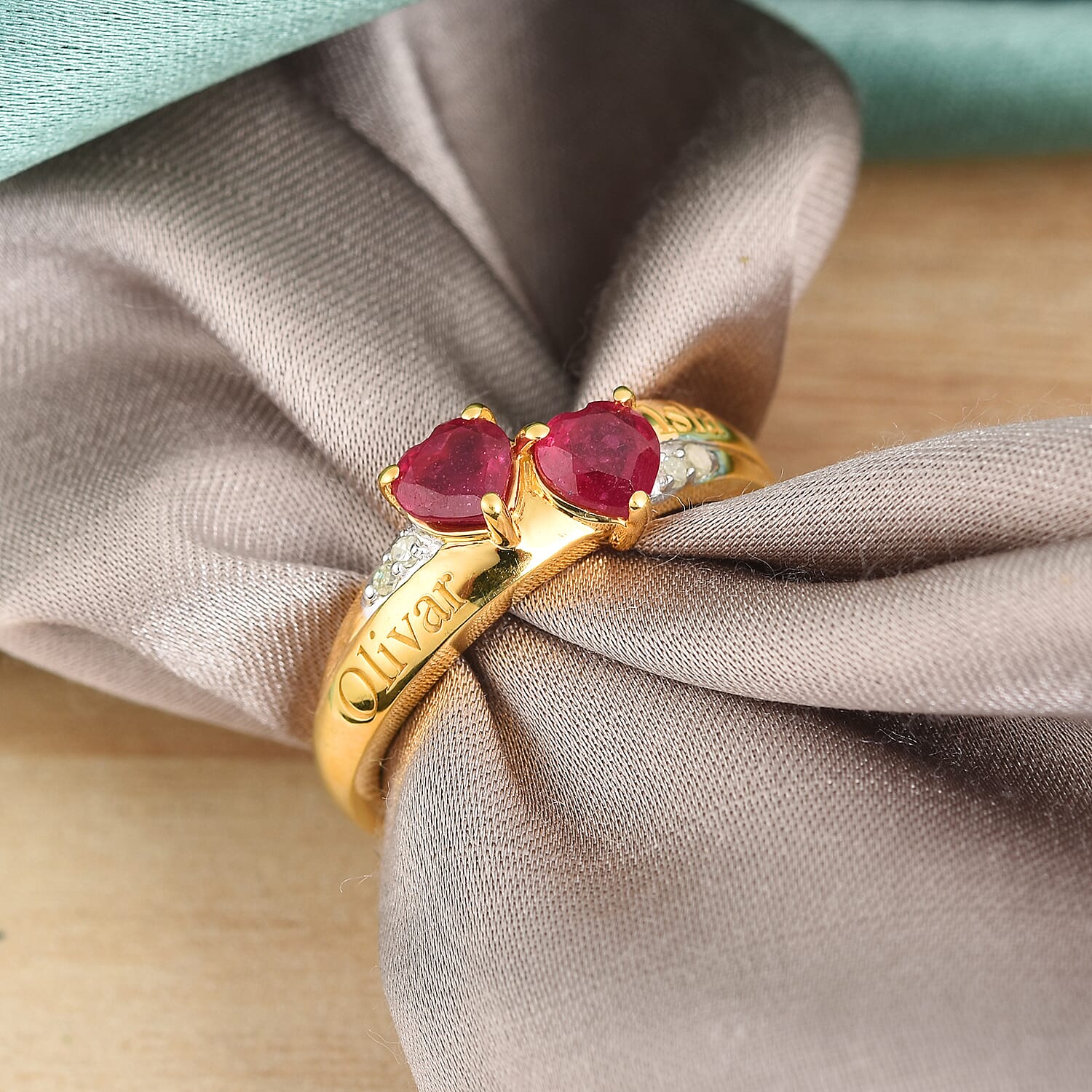 Personalised Engravable Double Heart Ruby Ring in Silver