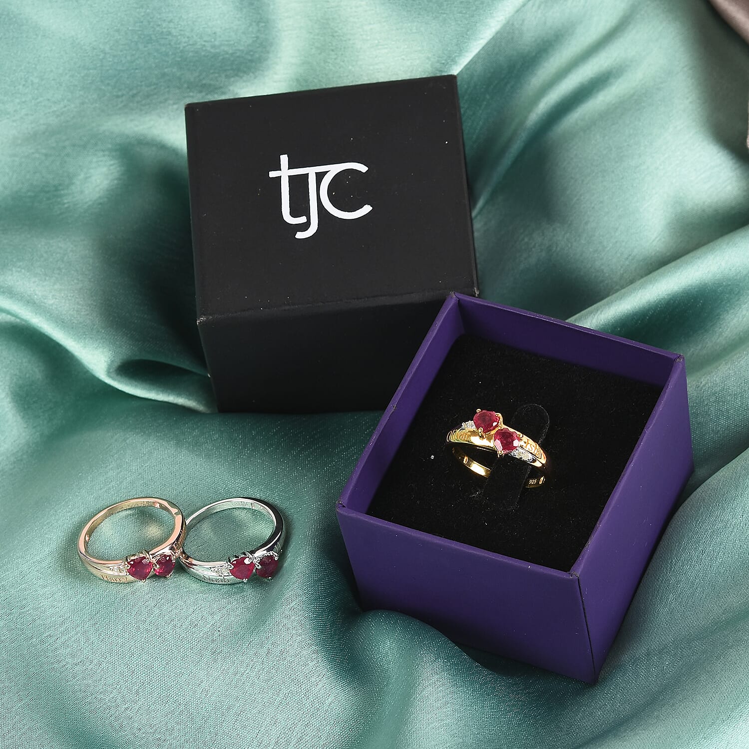 Personalised Engravable Double Heart Ruby Ring in Silver