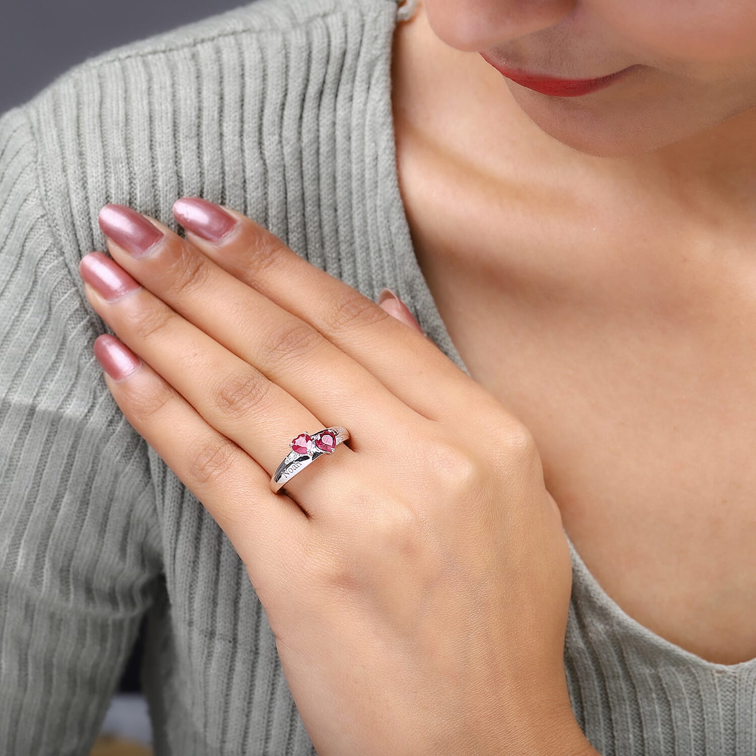 Personalised Engravable Double Heart Ruby Ring in Silver