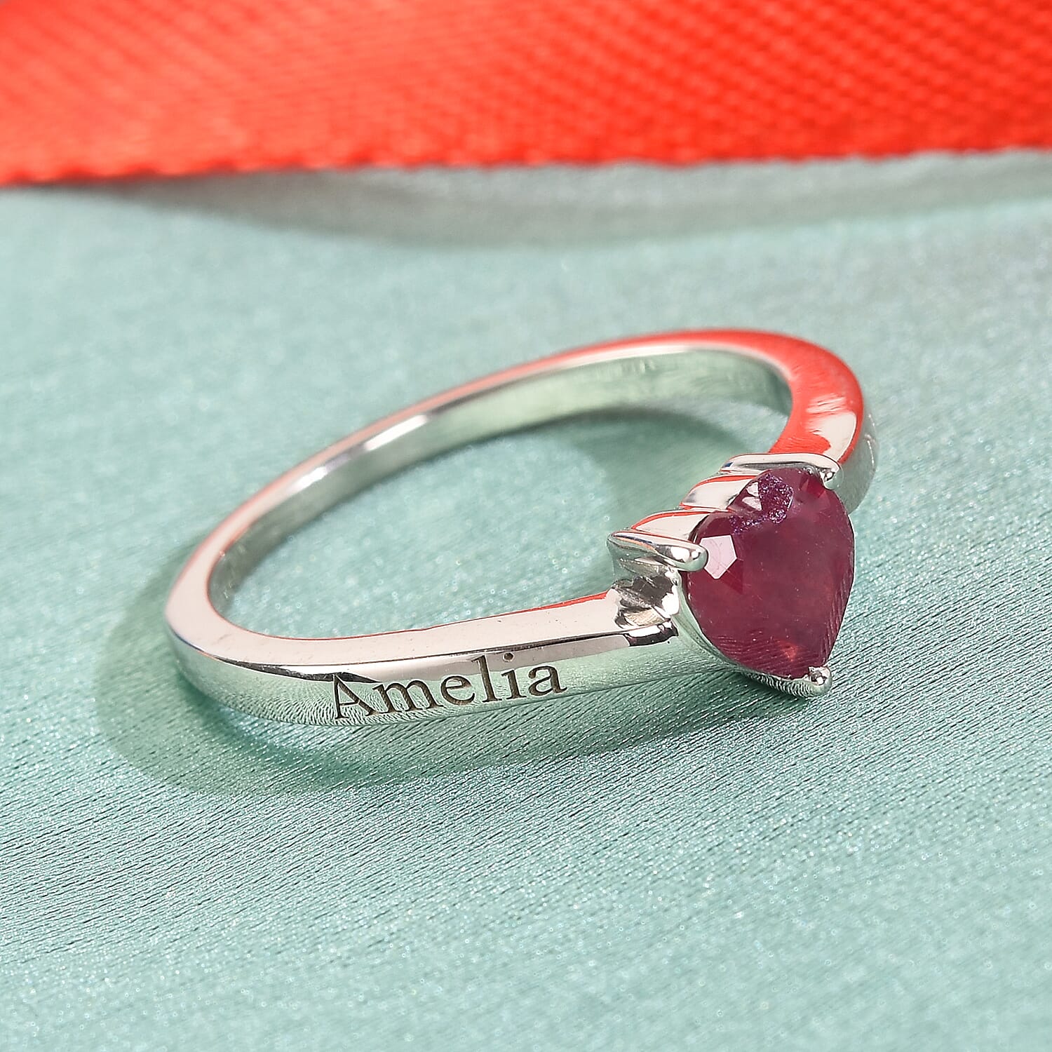 Personalised Heart Ruby Solitaire Ring in Silver