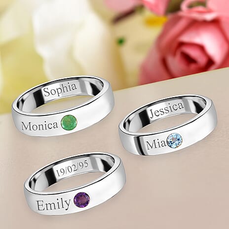 Personalised Engravable Platinum Overlay Birthstone Band Ring in Silver