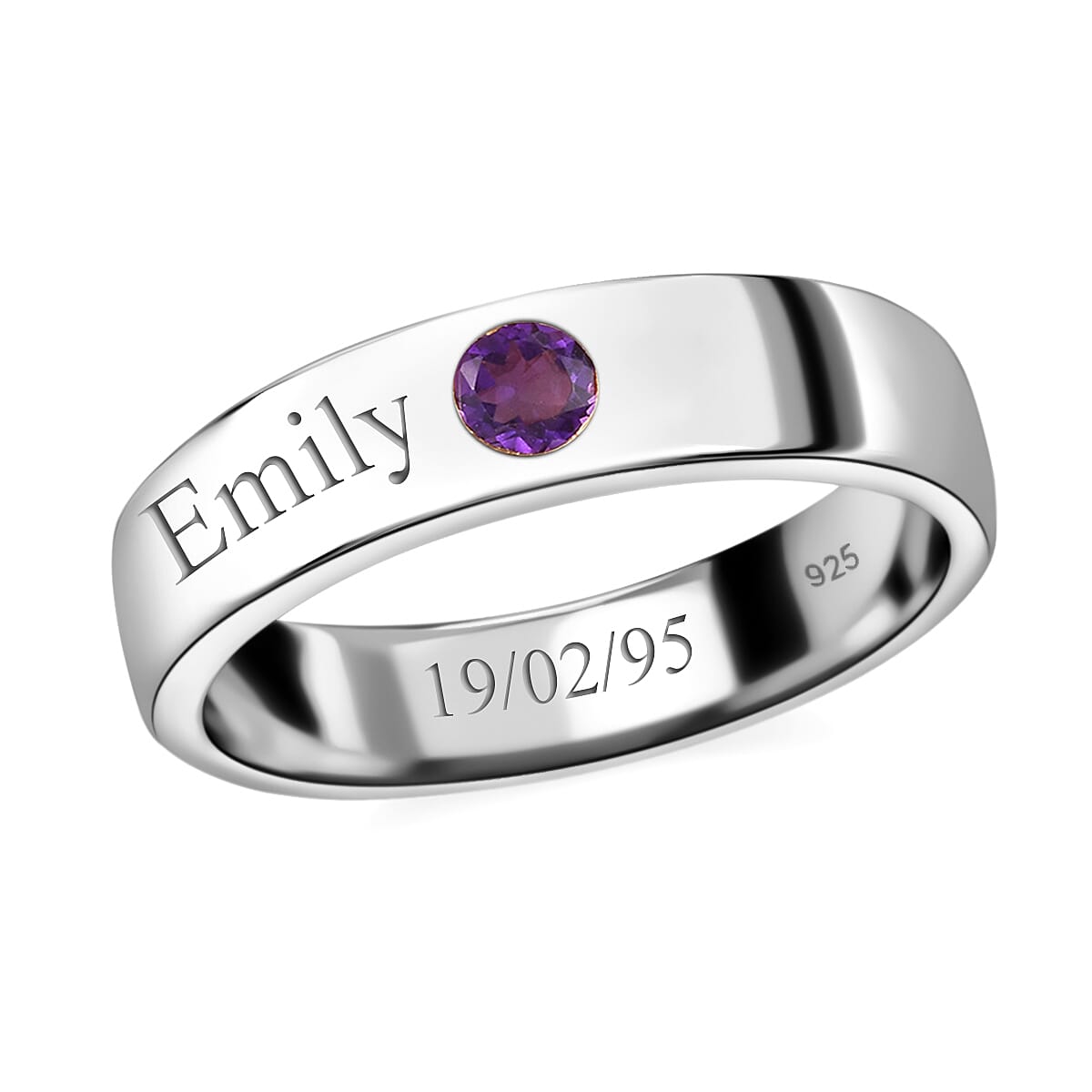 Personalised Engravable Platinum Overlay Birthstone Band Ring in Silver