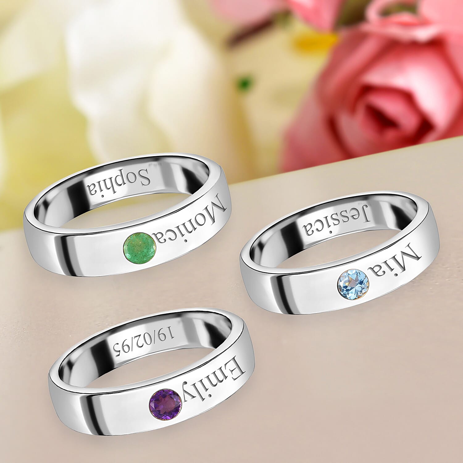 Personalised Engravable Platinum Overlay Birthstone Band Ring in Silver