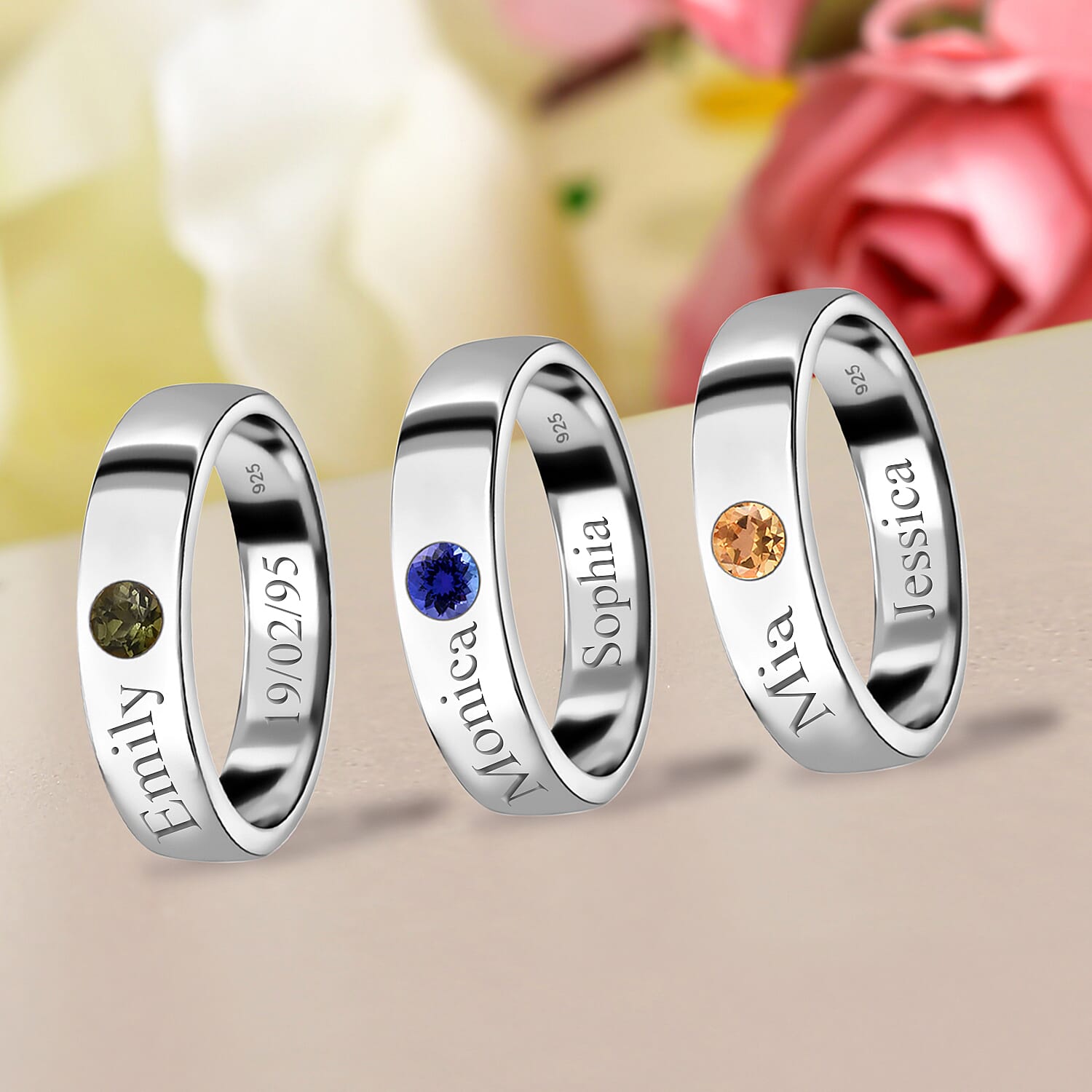 Personalised Engravable Platinum Overlay Birthstone Band Ring in Silver