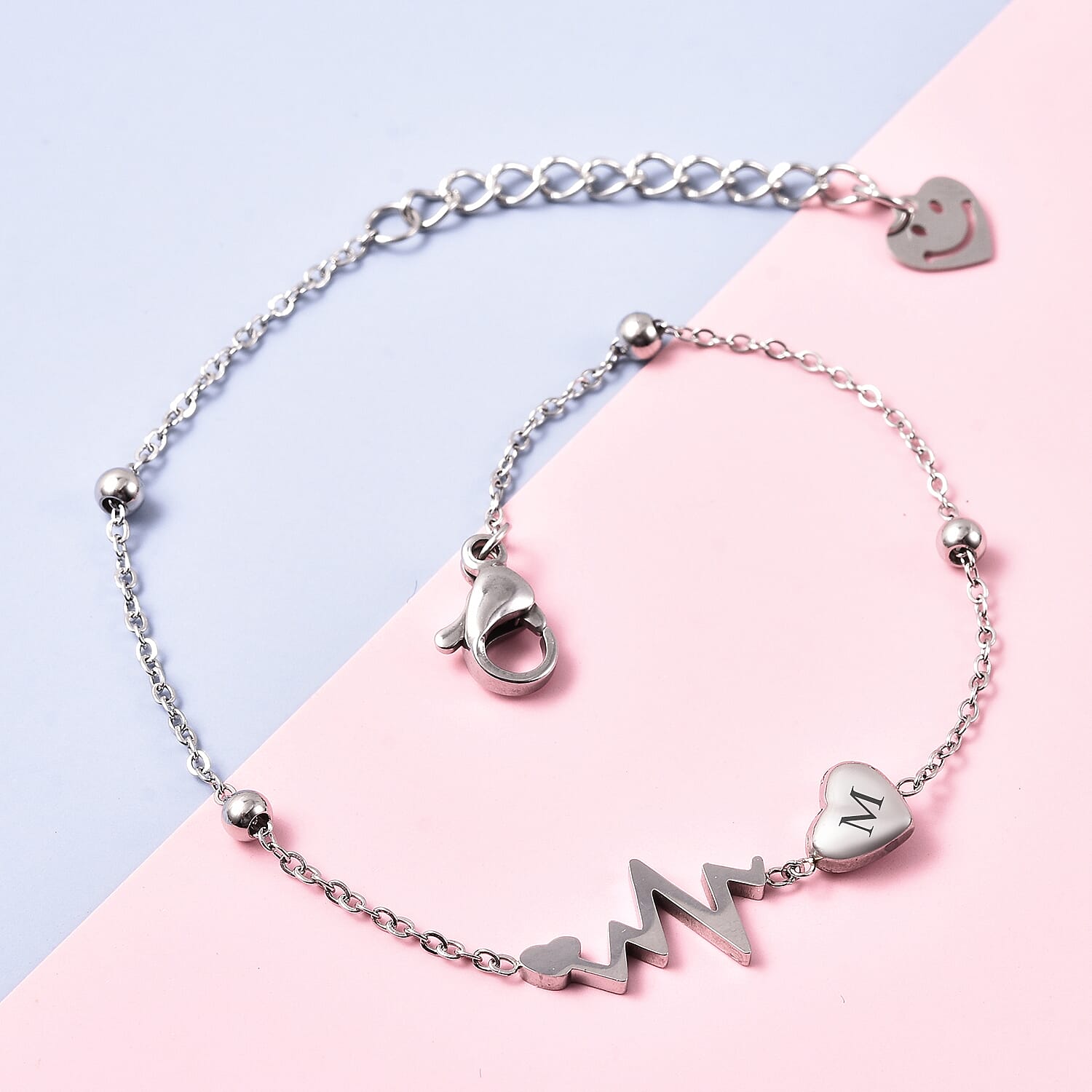 Personalised Engravable Initial Heart Beat Steel Bracelet, Size 7-1 Inch, Stainless Steel