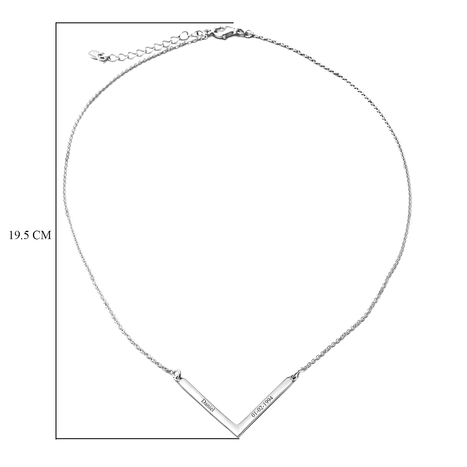 Personalised Engravable V Necklace in Silver, Size 18 Inch