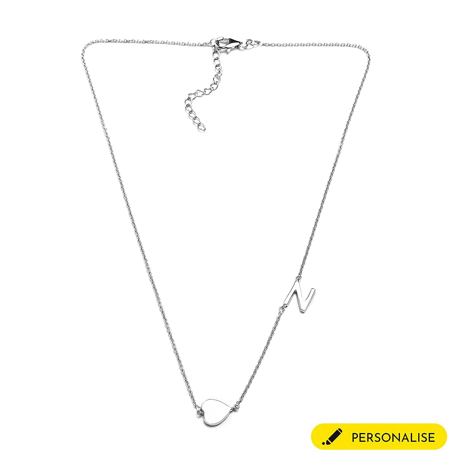 Personalised Single Alphabet - Heart, Name Necklace in Silver, Size 18-2 Inch