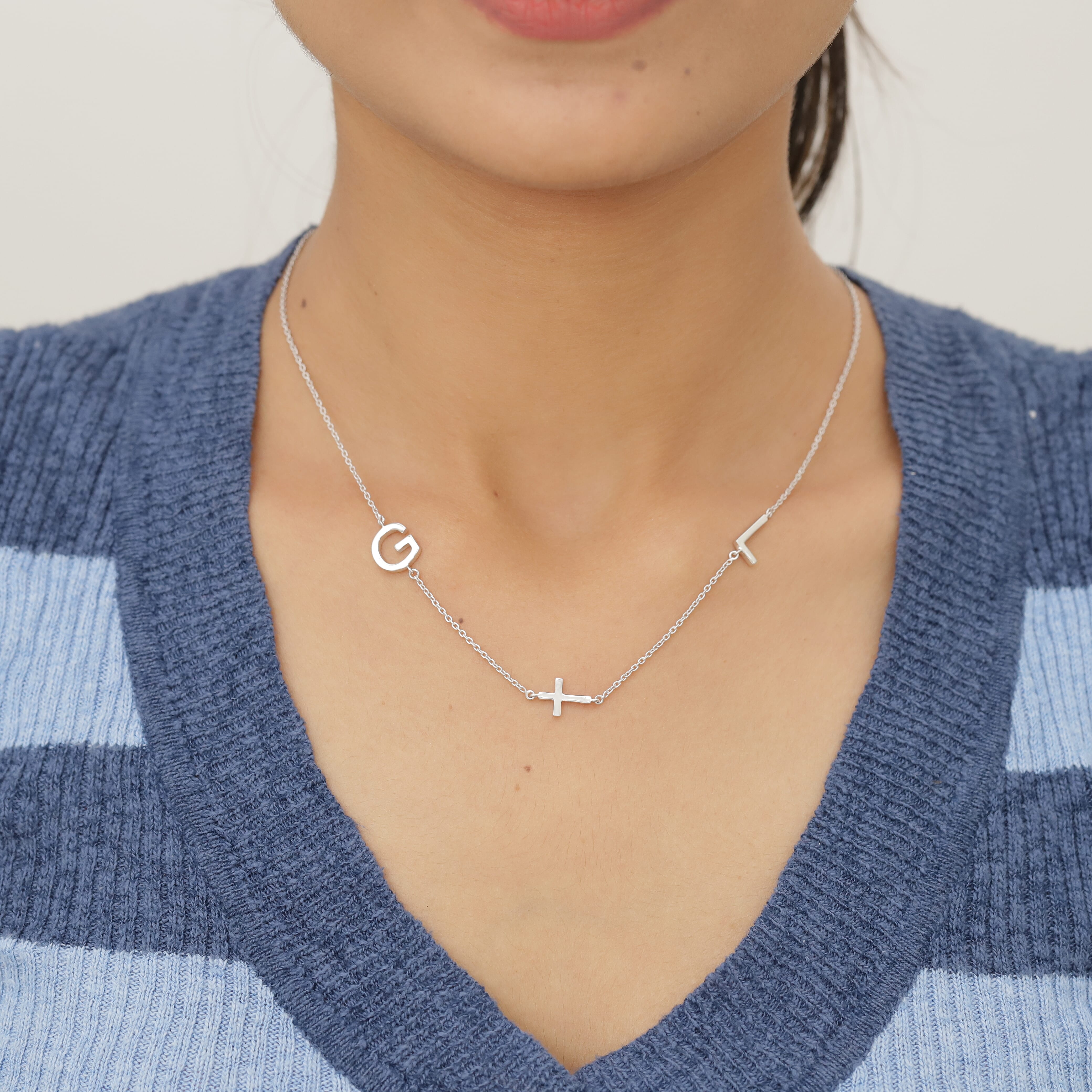 Personalised Two Alphabet - Cross, Name Necklce in Silver, Size 18-2 Inch