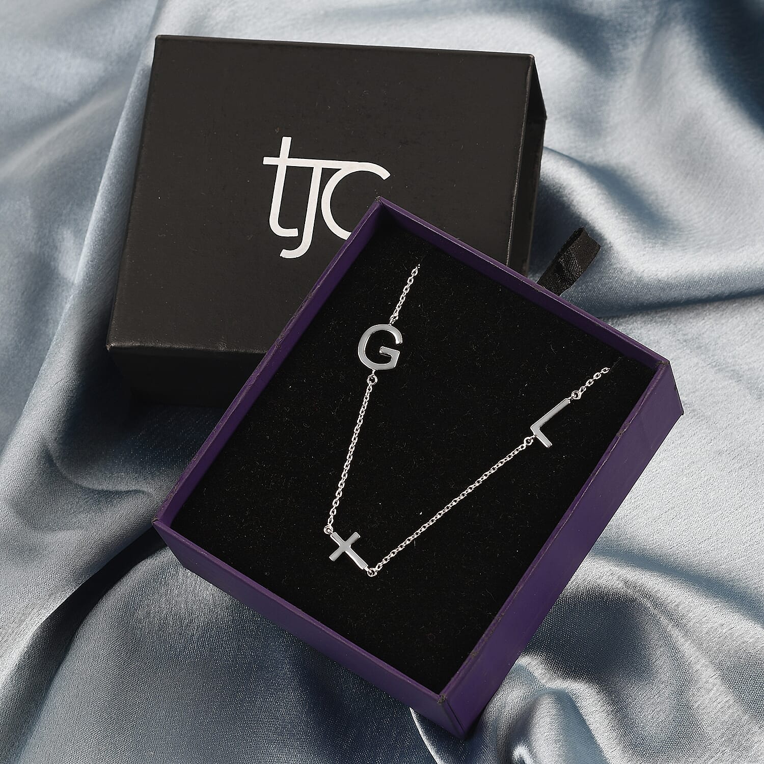 Personalised Two Alphabet - Cross, Name Necklce in Silver, Size 18-2 Inch