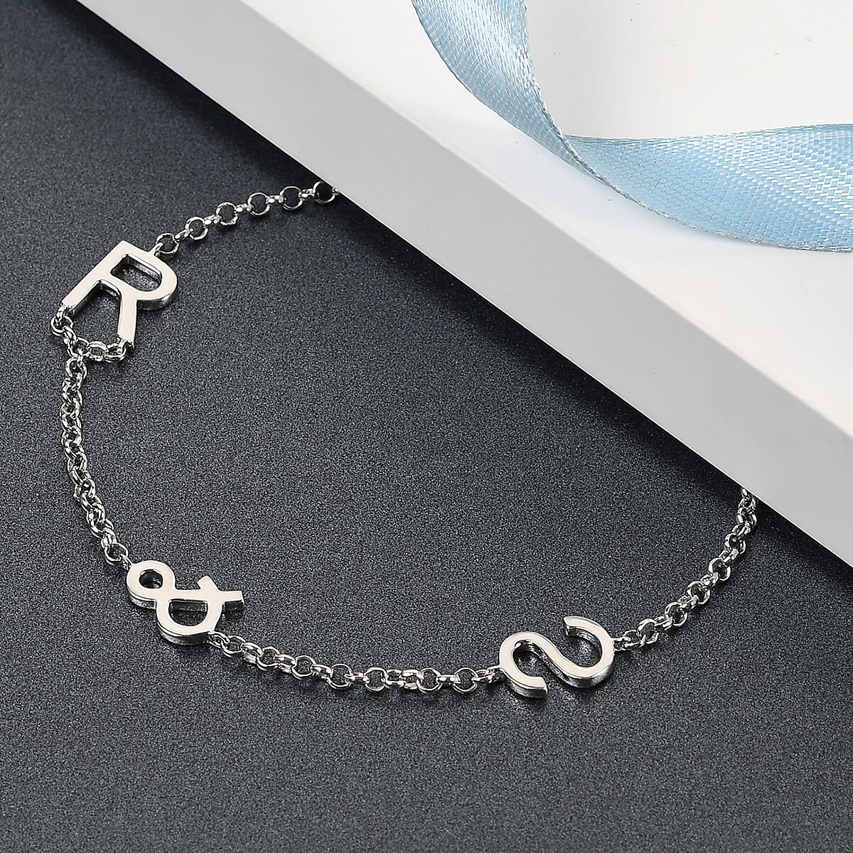 Personalised Two Alphabet - &, Name Bracelet in Silver, Size - 7.5 Inch