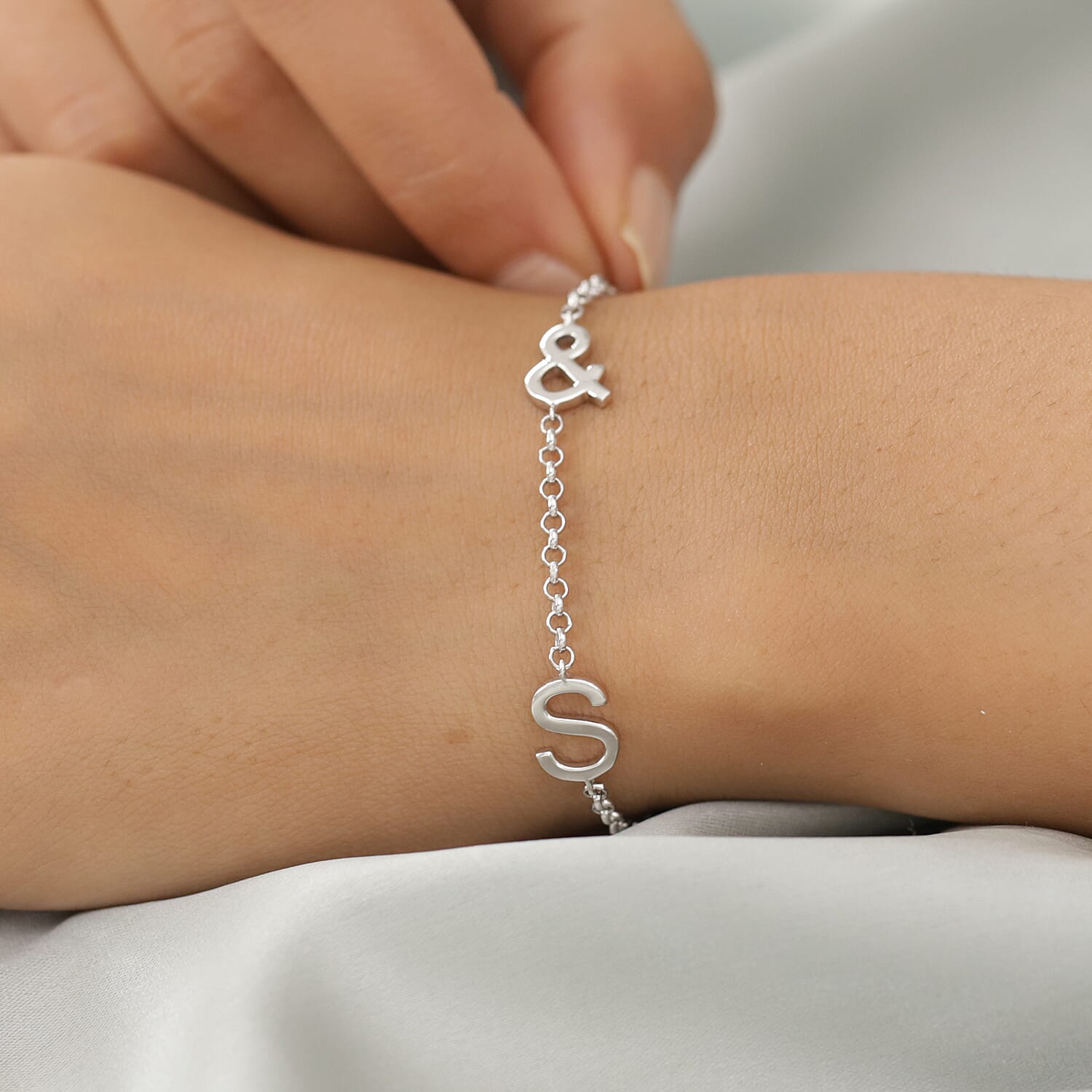 Personalised Two Alphabet - &, Name Bracelet in Silver, Size - 7.5 Inch