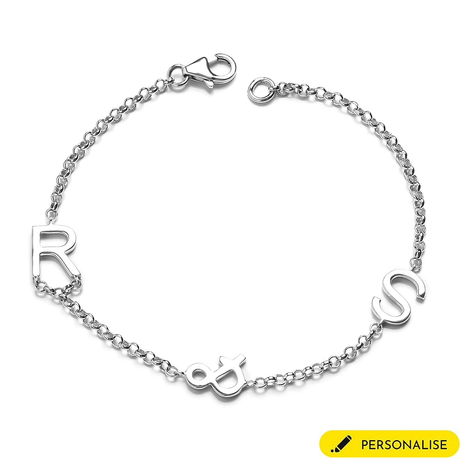 Personalised Two Alphabet - &, Name Bracelet in Silver, Size - 7.5 Inch