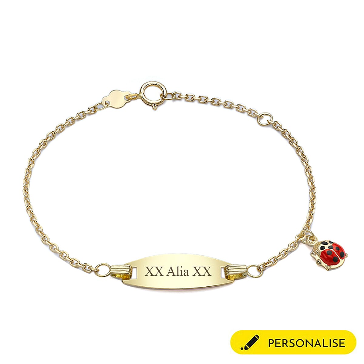 Personalised 18CT Gold Lady Bug Children ID Bracelet, Size 5.5 Inch
