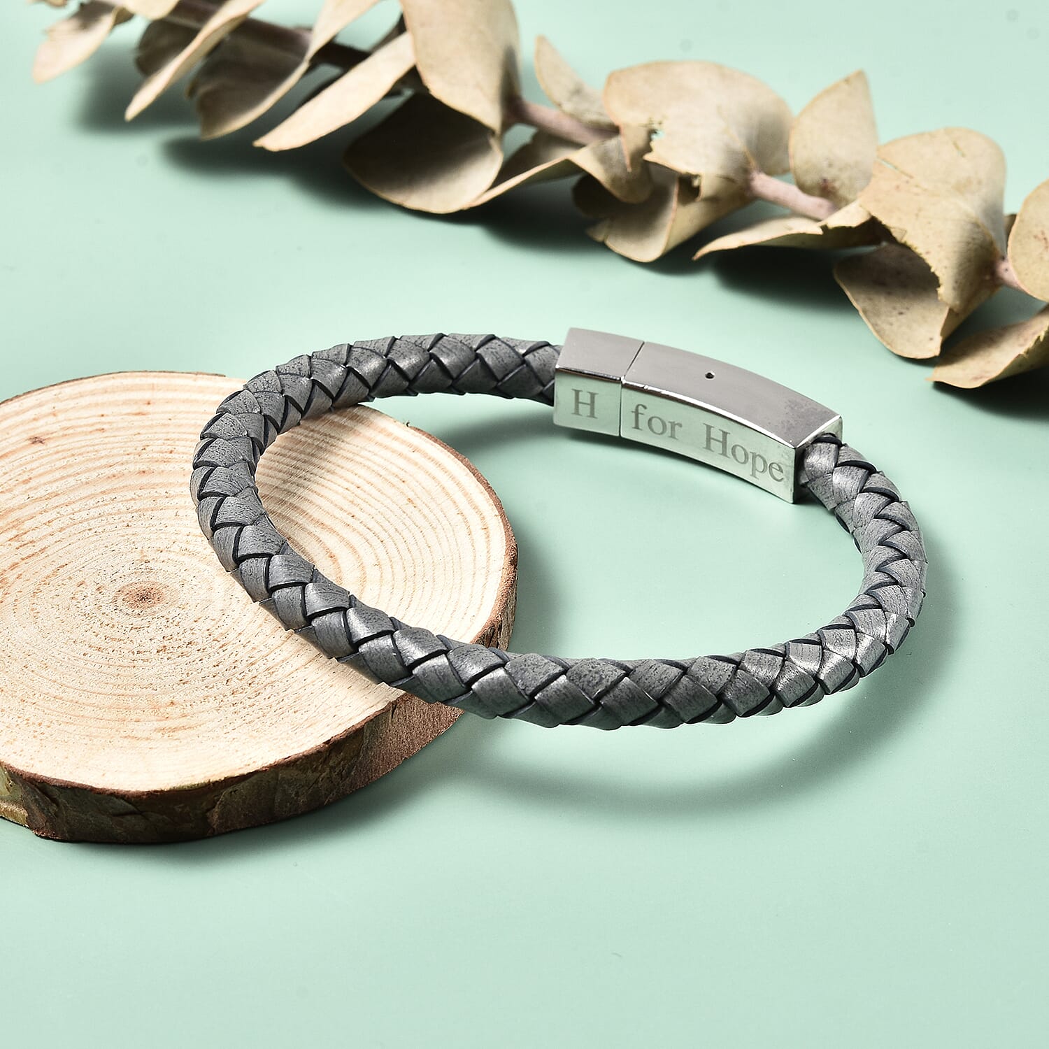 Personalised Engravable Grey Leather Bracelet 8", Steel