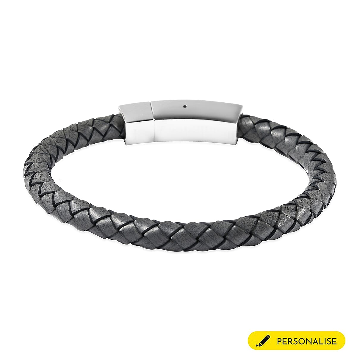 Personalised Engravable Grey Leather Bracelet 8", Steel