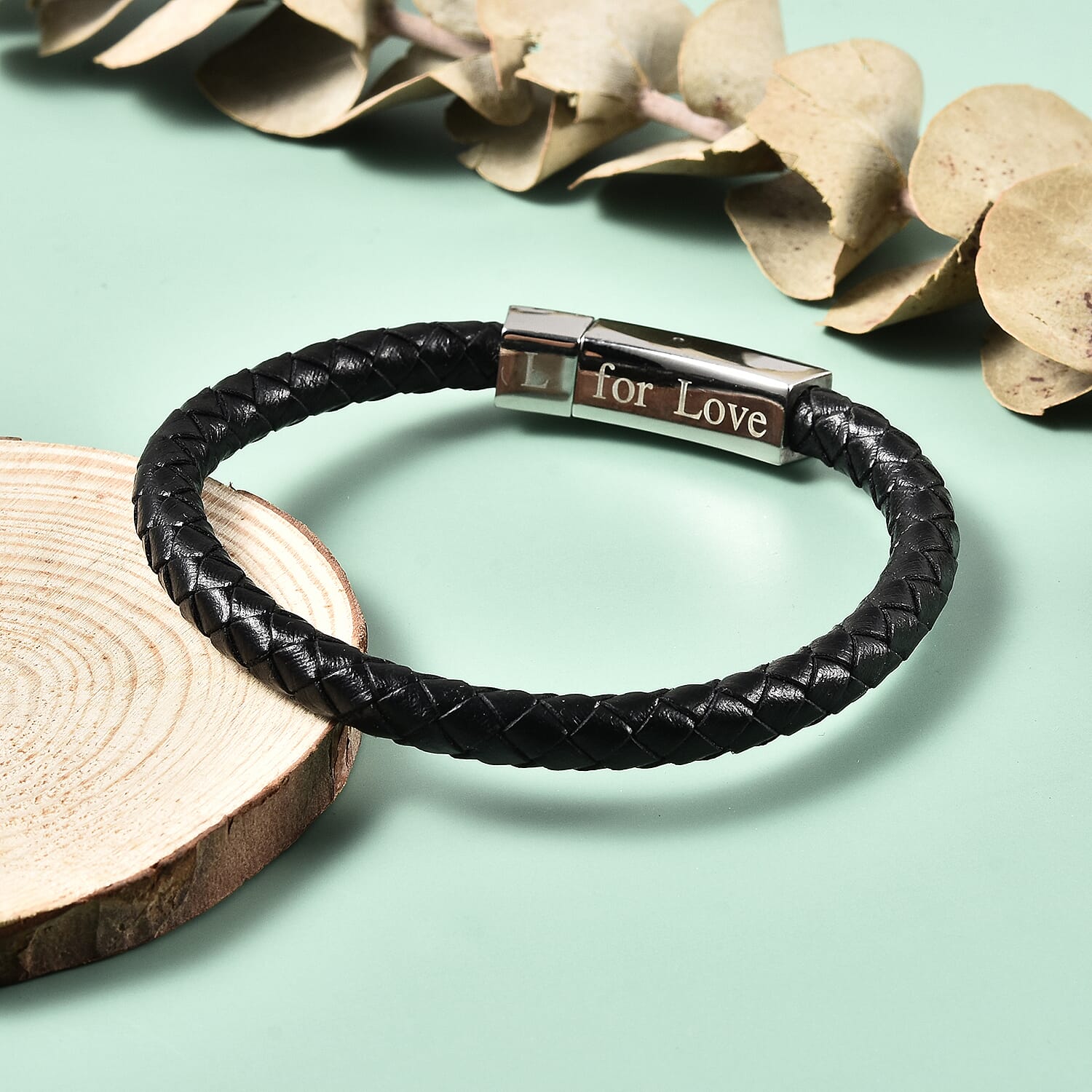 Personalised Engravable Black Leather Bracelet 8", Steel