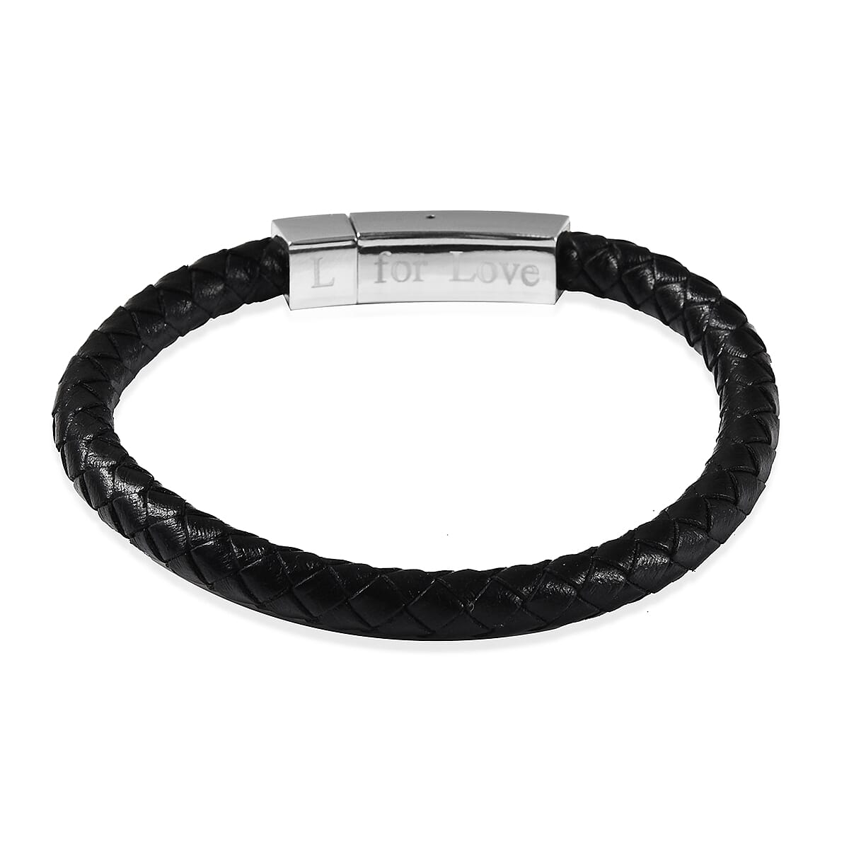 Personalised Engravable Black Leather Bracelet 8", Steel