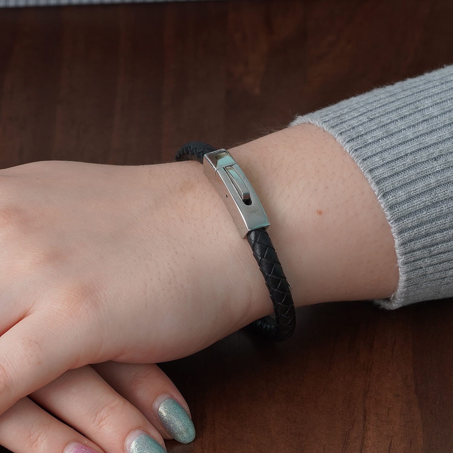 Personalised Engravable Black Leather Bracelet 8", Steel