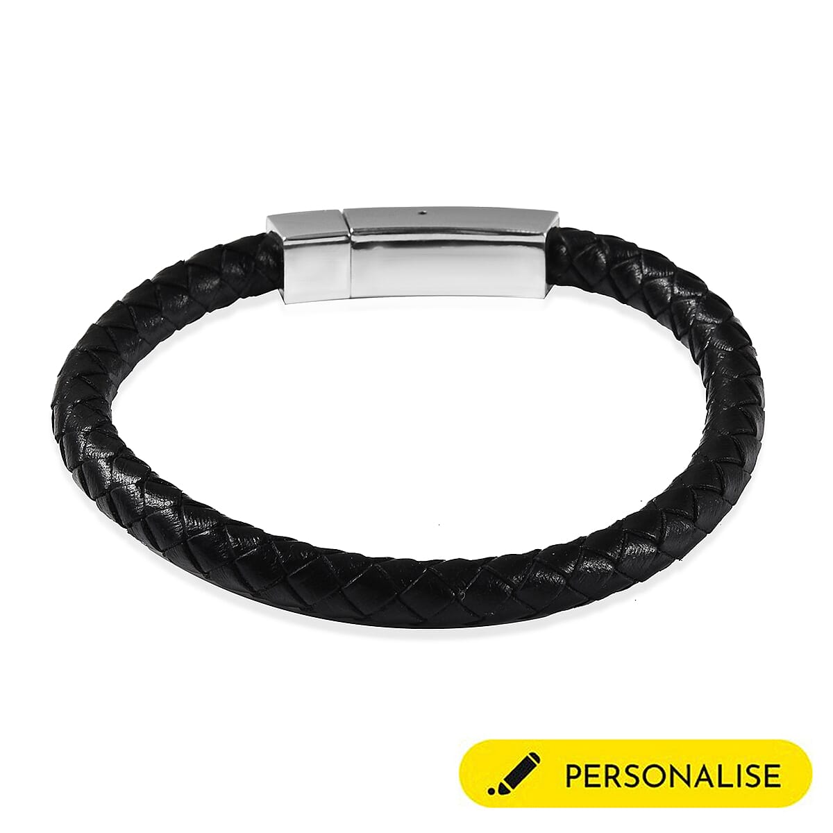 Personalised Engravable Black Leather Bracelet 8", Steel